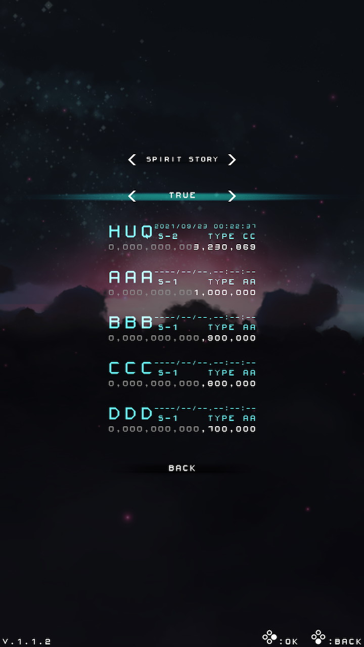 Screenshot: Danmaku Unlimited local leaderboards of Spirit Story mode on True difficulty, showing HUQ at 1st place with a score of  3 230 869